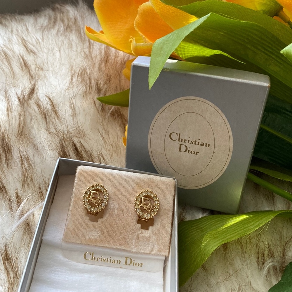 Christian Dior gold tone clip earrings with rhinestones